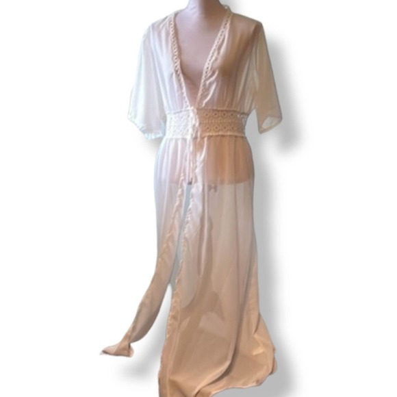 White sheer Cotton/blend Long crochet eyelet lace swim dress coverup tie waist - Picture 3 of 9